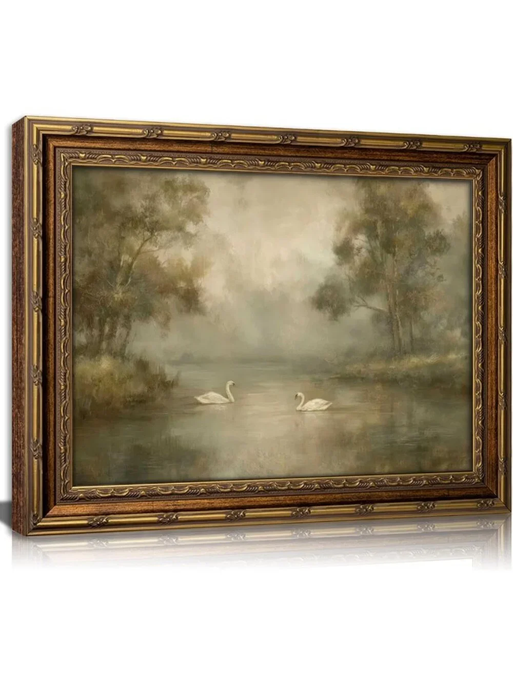 Vintage Gold Framed Swan Lake Canvas Art - Rustic Romantic Landscape Print for